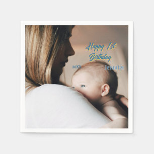 Happy 1st birthday kids baby mother blue yellow ph napkin