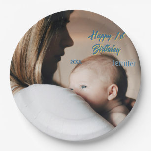 Happy 1st birthday kids baby mother blue yellow ph paper plate