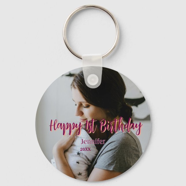 Happy 1st birthday kids baby mother red orange sty key ring (Front)