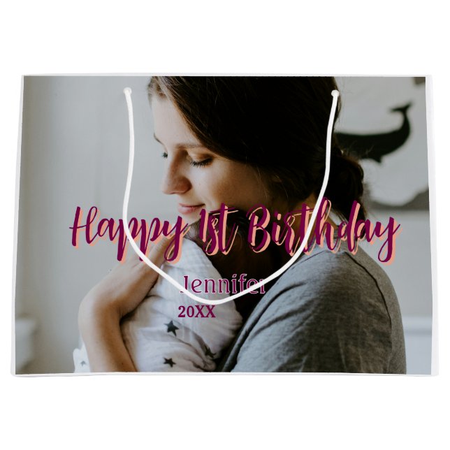 Happy 1st birthday kids baby mother red orange sty large gift bag (Front)