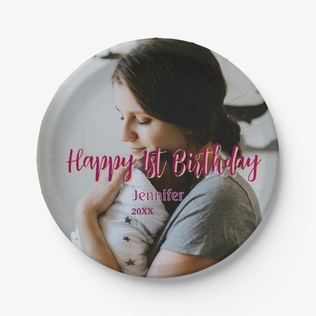 Happy 1st birthday kids baby mother red orange sty paper plate (Front)