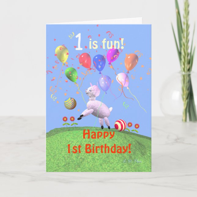 Happy 1st Birthday Lamb and Balloons Card (Front)