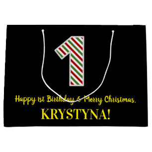 Happy 1st Birthday & Merry Christmas, Custom Name Large Gift Bag