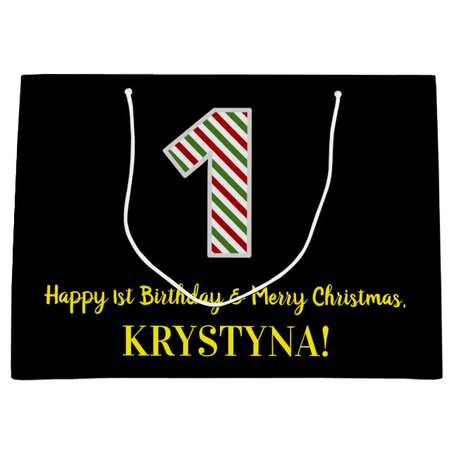 Happy 1st Birthday & Merry Christmas, Custom Name Large Gift Bag (Front)