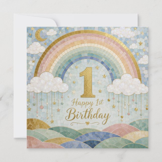 Happy 1st Birthday Mosaic Rainbow Cloud Design Card (Front)