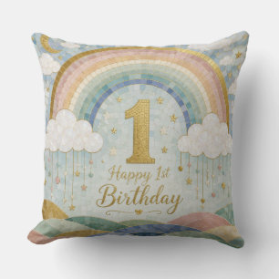 Happy 1st Birthday Mosaic Rainbow Cloud Design Cushion