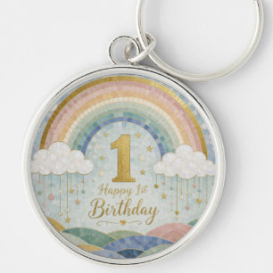 Happy 1st Birthday Mosaic Rainbow Cloud Design Key Ring