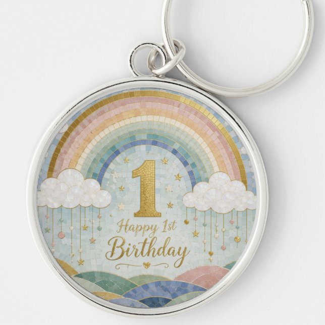 Happy 1st Birthday Mosaic Rainbow Cloud Design Key Ring (Front)