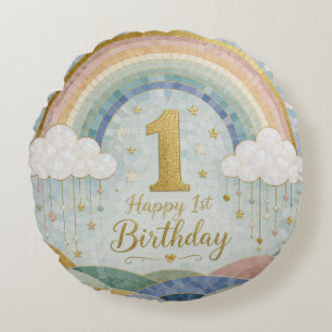 Happy 1st Birthday Mosaic Rainbow Cloud Design Round Cushion