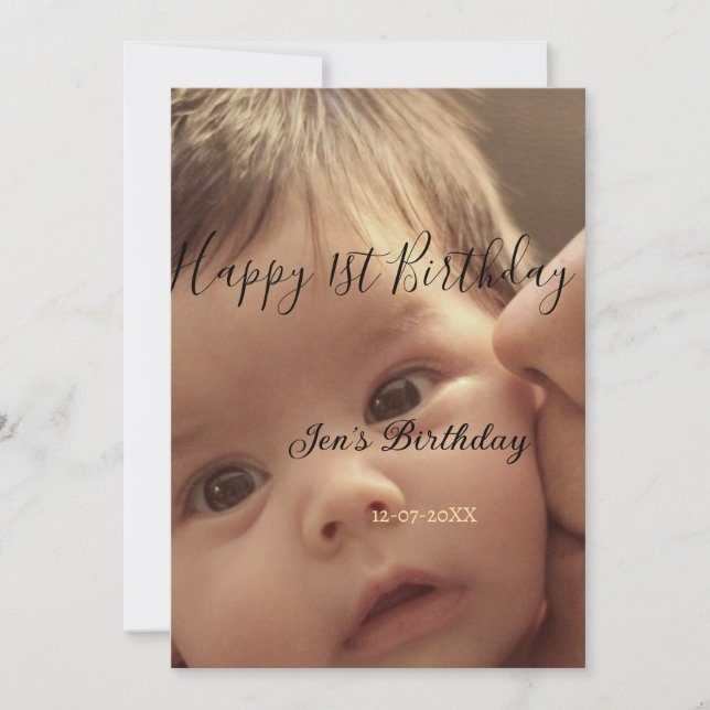 Happy 1st birthday name photo date stylish calligr invitation (Front)