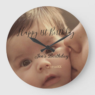Happy 1st birthday name photo date stylish calligr large clock