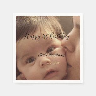 Happy 1st birthday name photo date stylish calligr napkin