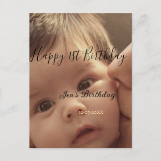 Happy 1st birthday name photo date stylish calligr postcard