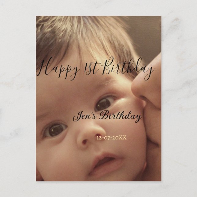 Happy 1st birthday name photo date stylish calligr postcard (Front)