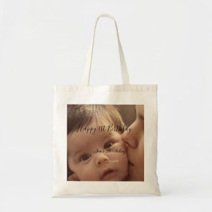 Happy 1st birthday name photo date stylish calligr tote bag