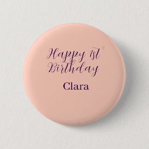Happy 1st birthday orange purple boho retro name 6 cm round badge