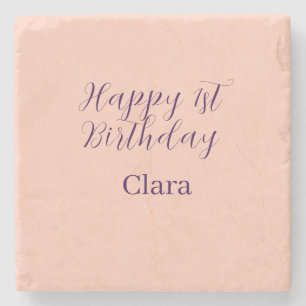 Happy 1st birthday orange purple boho retro name stone coaster