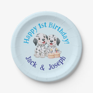 Happy 1st Birthday Party Twin Boys, Cute Puppies   Paper Plate