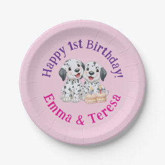 Happy 1st Birthday Party Twin Girls, Puppies   Paper Plate