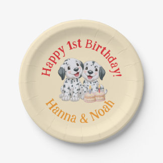 Happy 1st Birthday Party Twins, Neutral, Puppies   Paper Plate