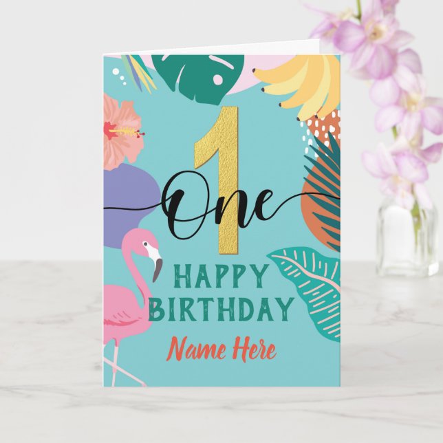 Happy 1st Birthday Pastel Tropical Floral Flamingo Card (Orchid)