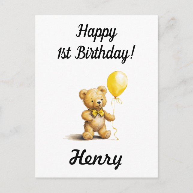 Happy 1st Birthday, Personalised Teddy Bear Card,  Postcard (Front)