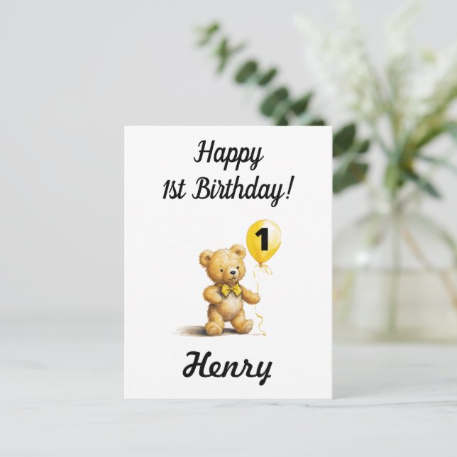 Happy 1st Birthday, Personalised Teddy Bear Card,  Postcard (Standing Front)