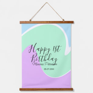 Happy 1st birthday pink green blue acrylic pour hanging tapestry