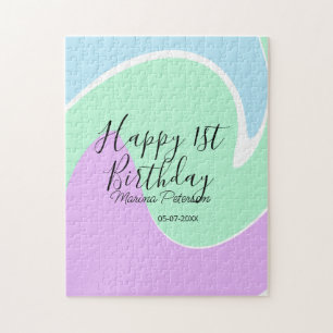 Happy 1st birthday pink green blue acrylic pour jigsaw puzzle