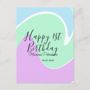 Happy 1st birthday pink green blue acrylic pour  postcard