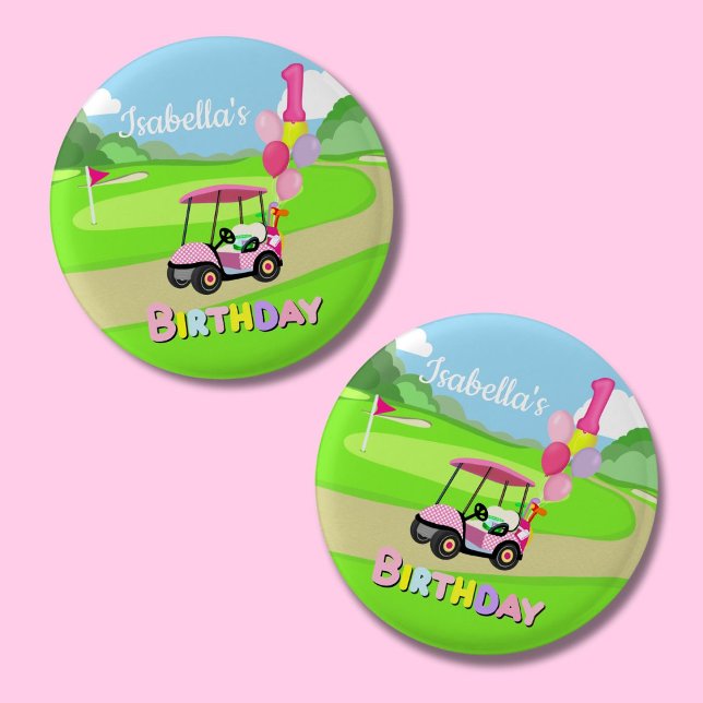 Happy 1st Birthday Polka Dot Pink Girly Golf  3 Cm Round Badge (Creator Uploaded)