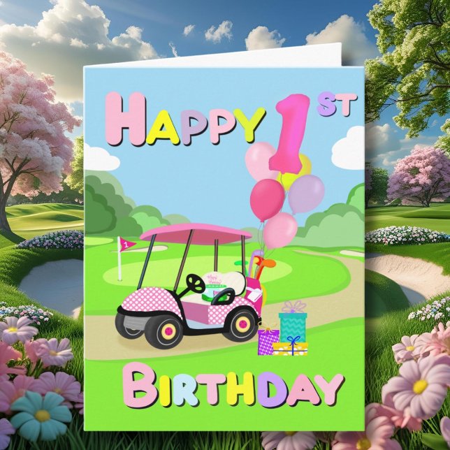 Happy 1st Birthday Polka Dot Pink Girly Golf Card (Creator Uploaded)