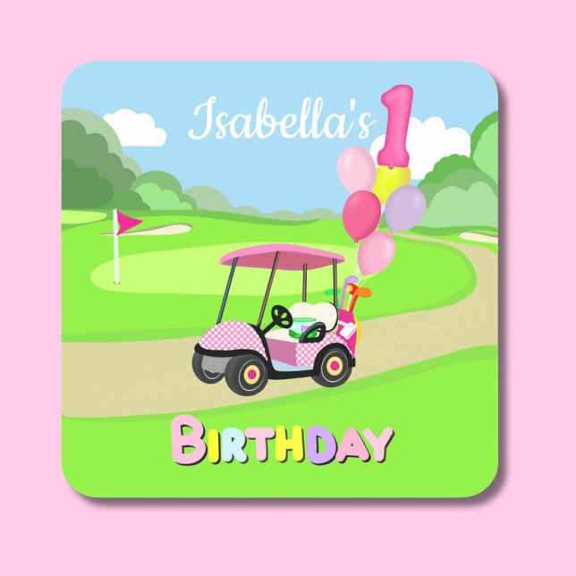 Happy 1st Birthday Polka Dot Pink Girly Golf  Square Sticker (Creator Uploaded)