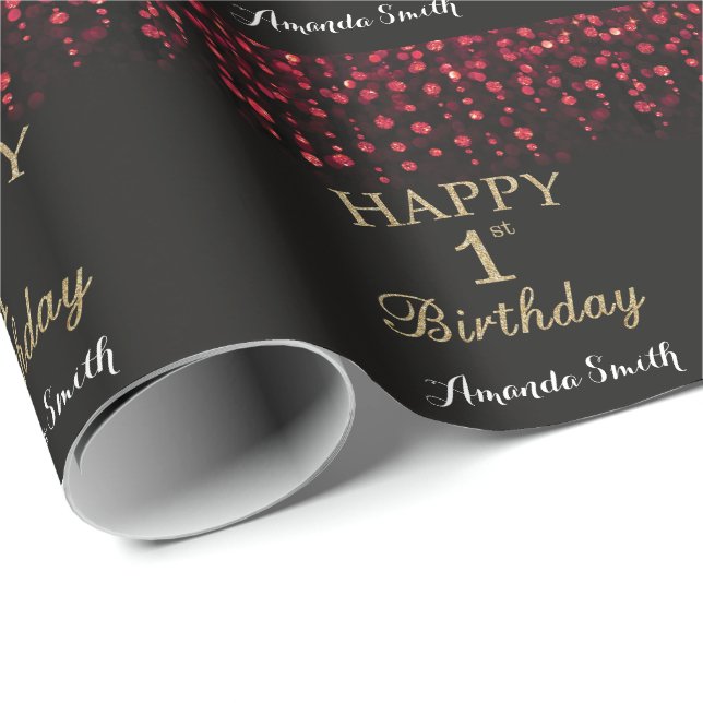 Happy 1st Birthday Red Black and Gold Glitter Wrapping Paper (Roll Corner)