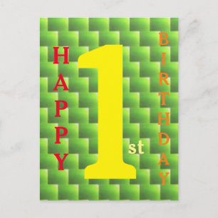 Happy 1st Birthday red orange yellow green wicker Postcard