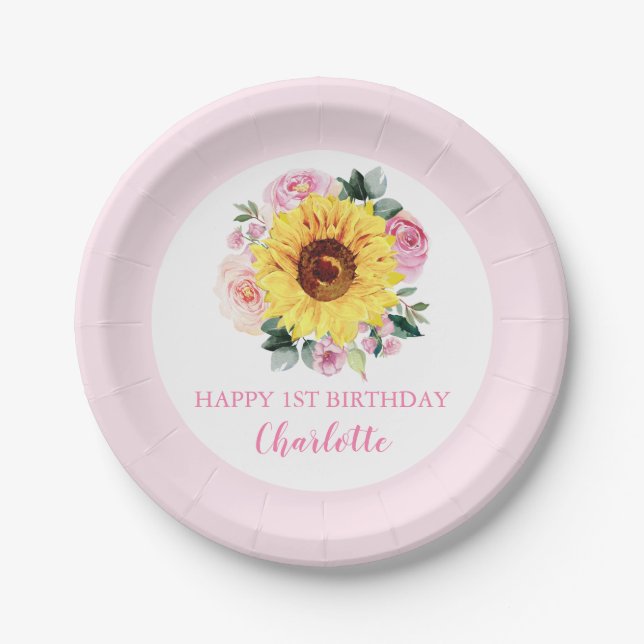 Happy 1st Birthday Sunflower Pink Floral Paper Plate (Front)