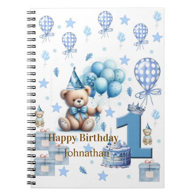 Happy 1st. Birthday Teddy Bear Blue Notebook (Front)