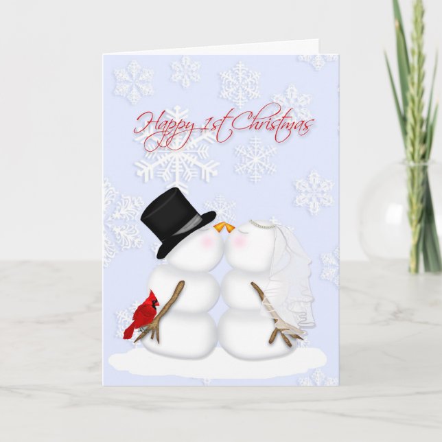 Happy 1st Christmas, snow couple, snowflakes Holiday Card (Front)
