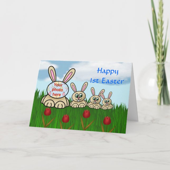 Happy 1st Easter with bunnies baby's first easter Holiday Card (Front)