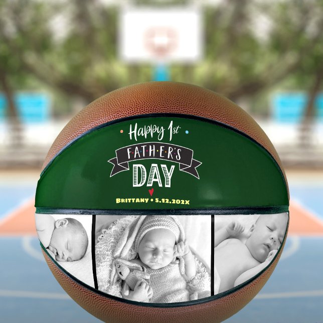 Happy 1st Father’s Day Bold Typography Photo Green Basketball (Creator Uploaded)