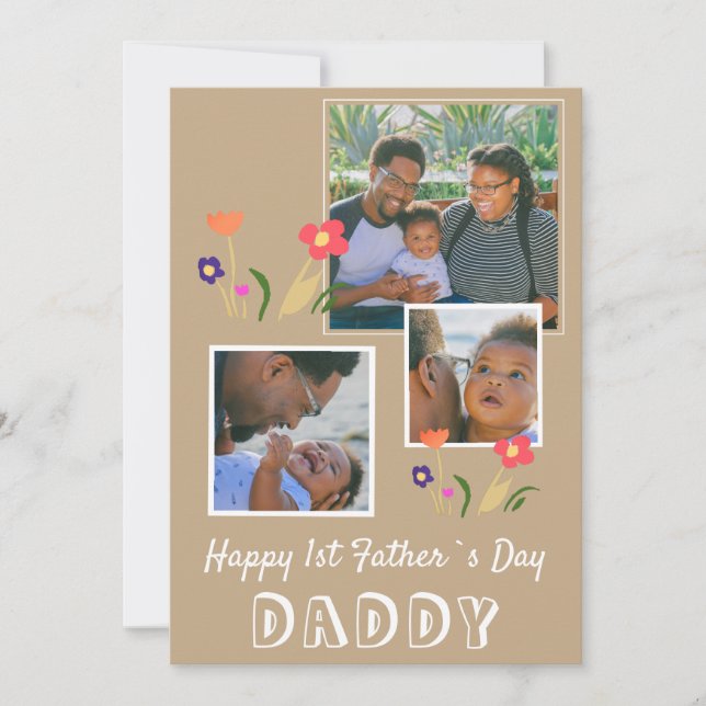 Happy 1st Father`s Day Daddy Flower 3 Photo Holiday Card (Front)