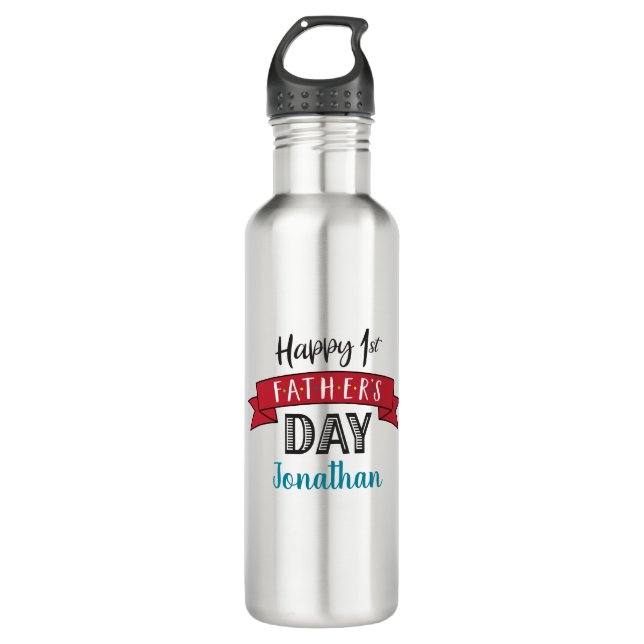 Happy 1st Father’s Day Red Banner Custom Name Cool 710 Ml Water Bottle (Front)