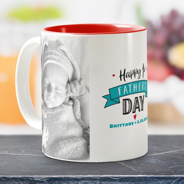 Happy 1st Fathers Day 2 Photo Typography Turquoise Two-Tone Coffee Mug (Creator Uploaded)