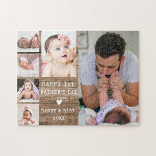 Happy 1st Father's Day 6 Photo Collage Rustic Wood Jigsaw Puzzle