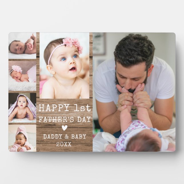 Happy 1st Father's Day 6 Photo Collage Rustic Wood Plaque (Front)