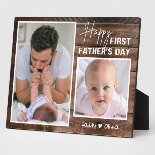 Happy 1st Father's Day New Dad 2 Photo Dark Wood Plaque