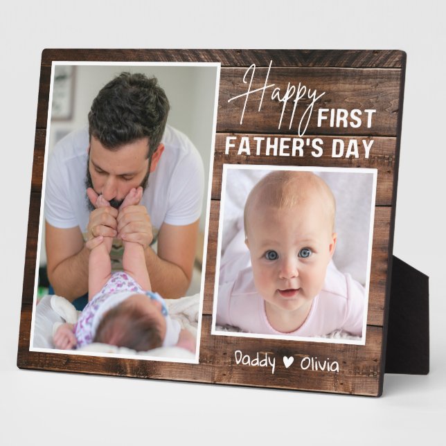 Happy 1st Father's Day New Dad 2 Photo Dark Wood   Plaque (Side)