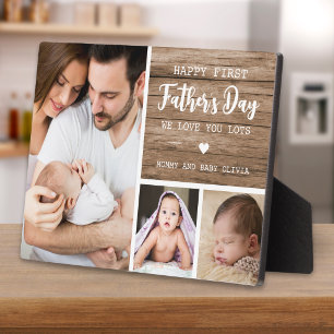 Happy 1st Father's Day Rustic Wood 3 Photo Collage Plaque
