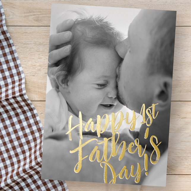 Happy 1st Father's Day Simple Modern Custom Photo Foil Holiday Card (Creator Uploaded)