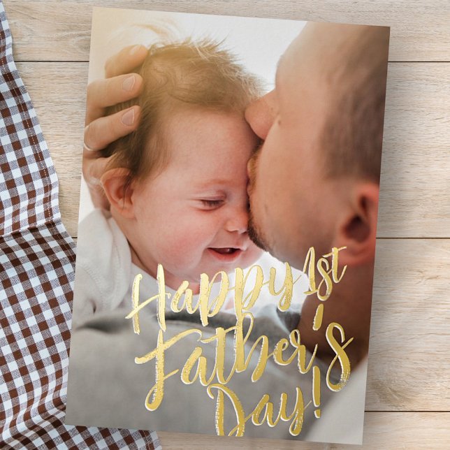 Happy 1st Father's Day Simple Modern Custom Photo Foil Holiday Card (Creator Uploaded)